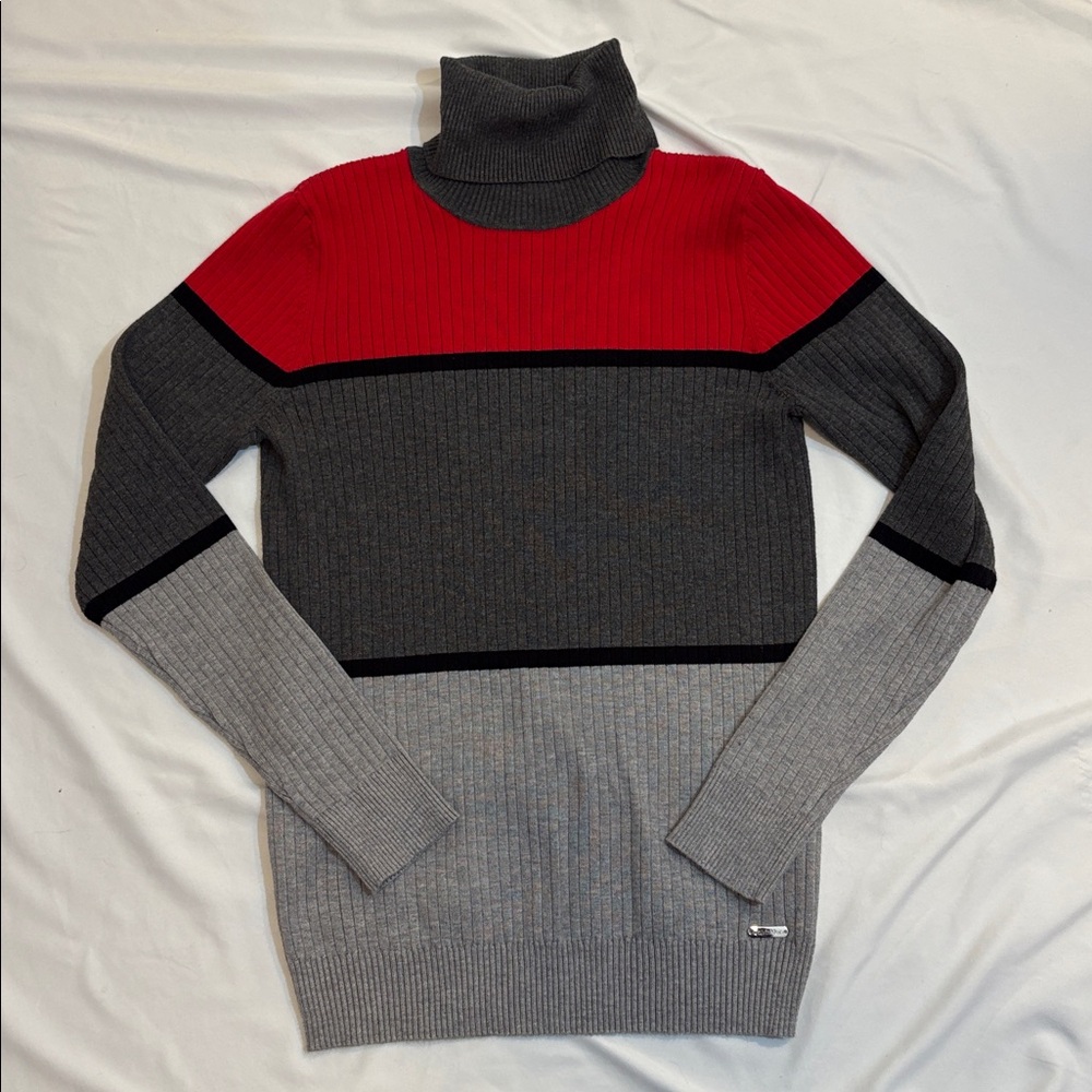 Two Matching Calvin Klein Color Block Stripe Turtlenecks, Bundle of 2, Small Set - Picture 2 of 9